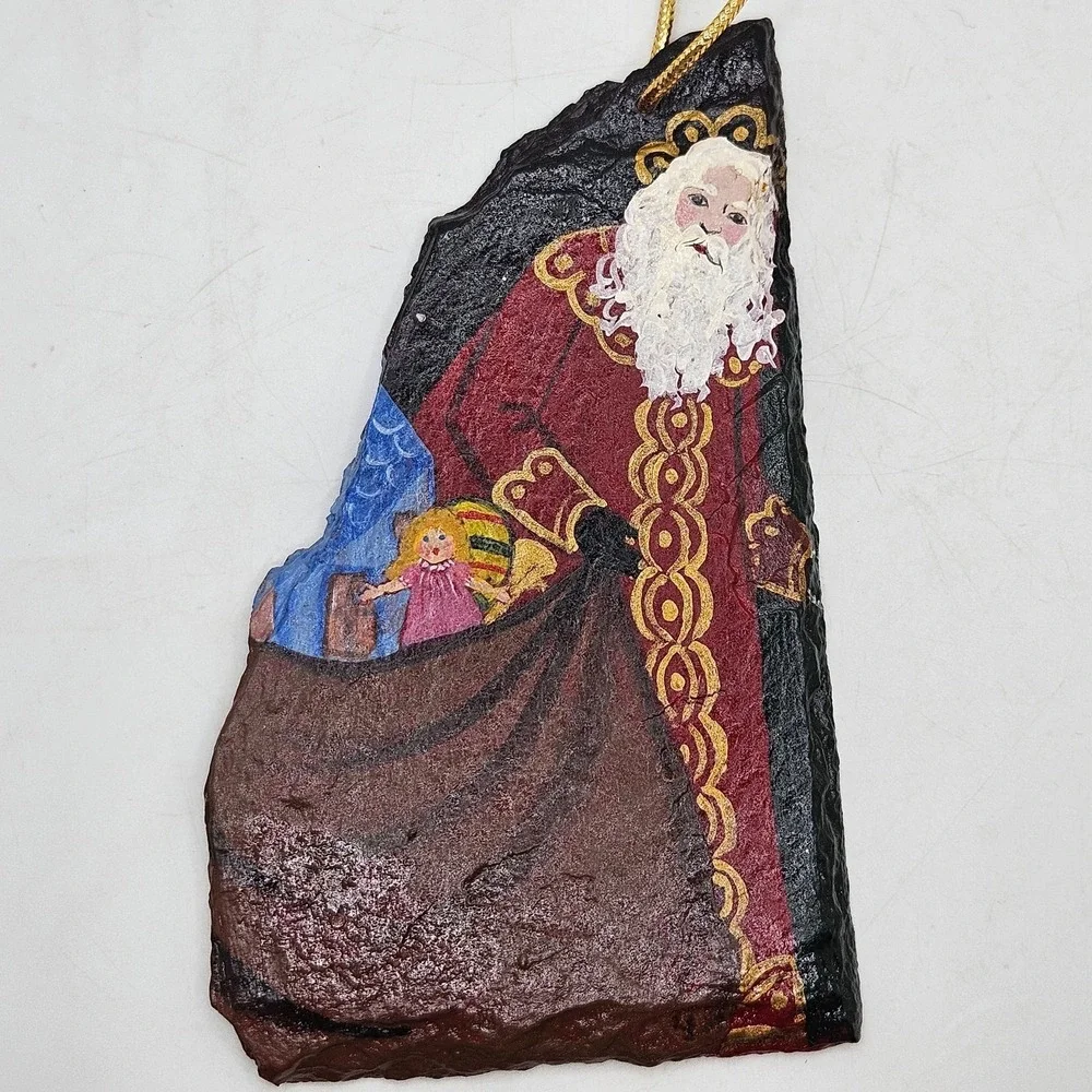 VTG Hand Painted Slate Santa‎ Christmas Ornament Rustic Folk Art Ornament Decor